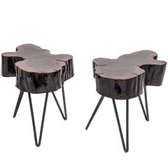 Pair of Burl Wood and Steel Side Tables