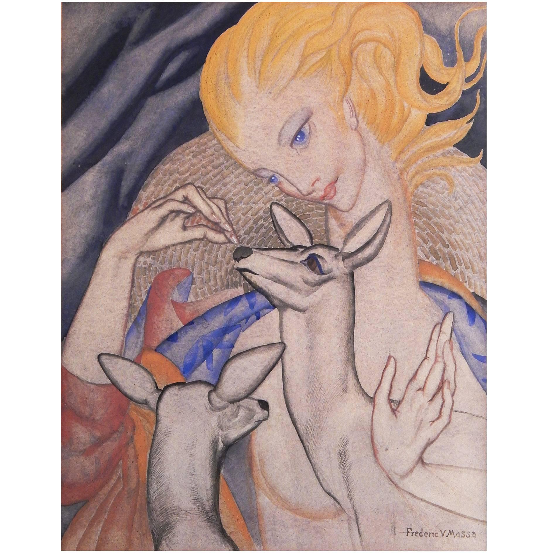 "Female Nude with Deer, " Arresting Art Deco Painting by WPA Artist For Sale