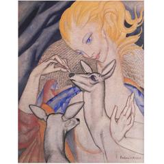 "Female Nude with Deer, " Arresting Art Deco Painting by WPA Artist