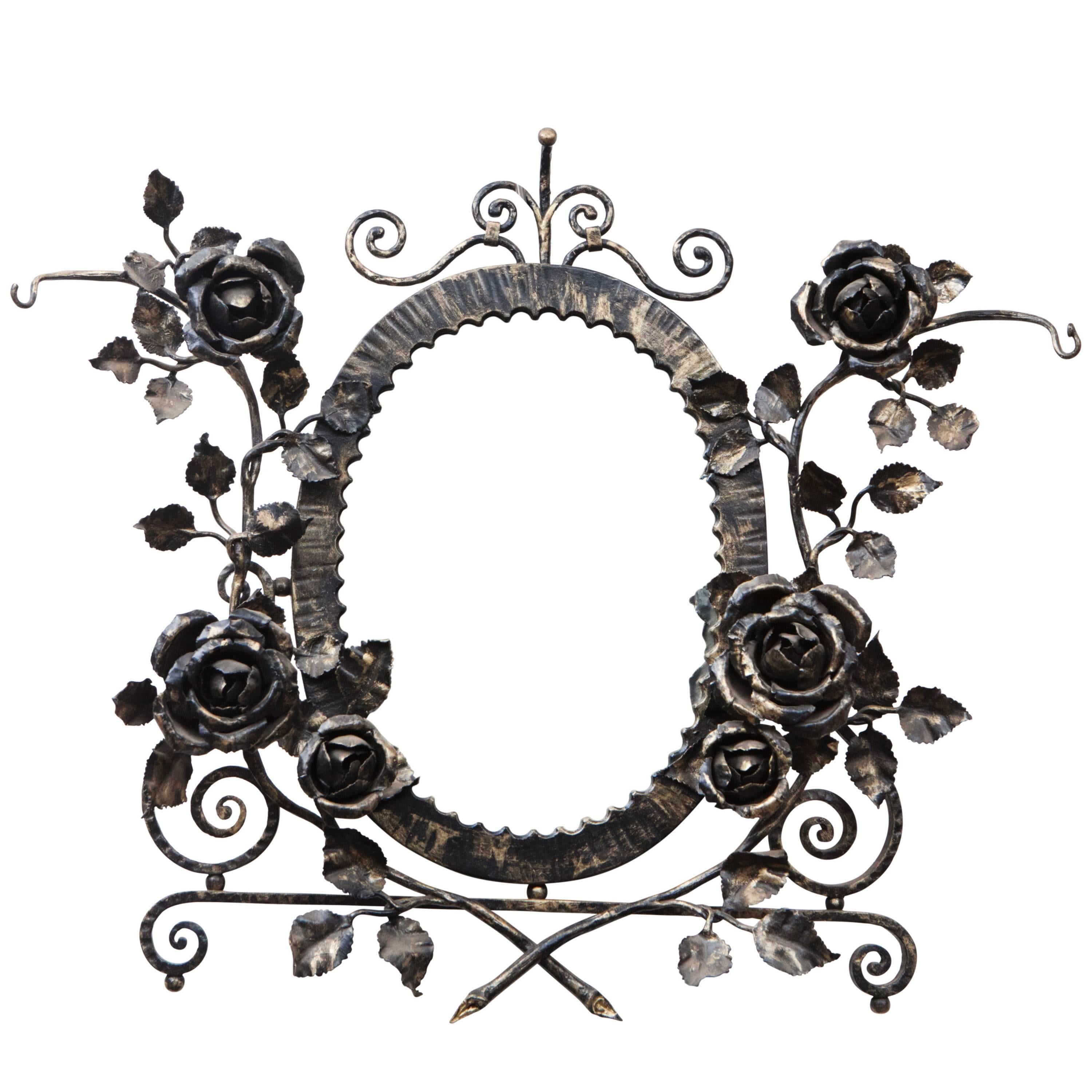 French Art Deco Wrought Iron Floral Wall Mirror