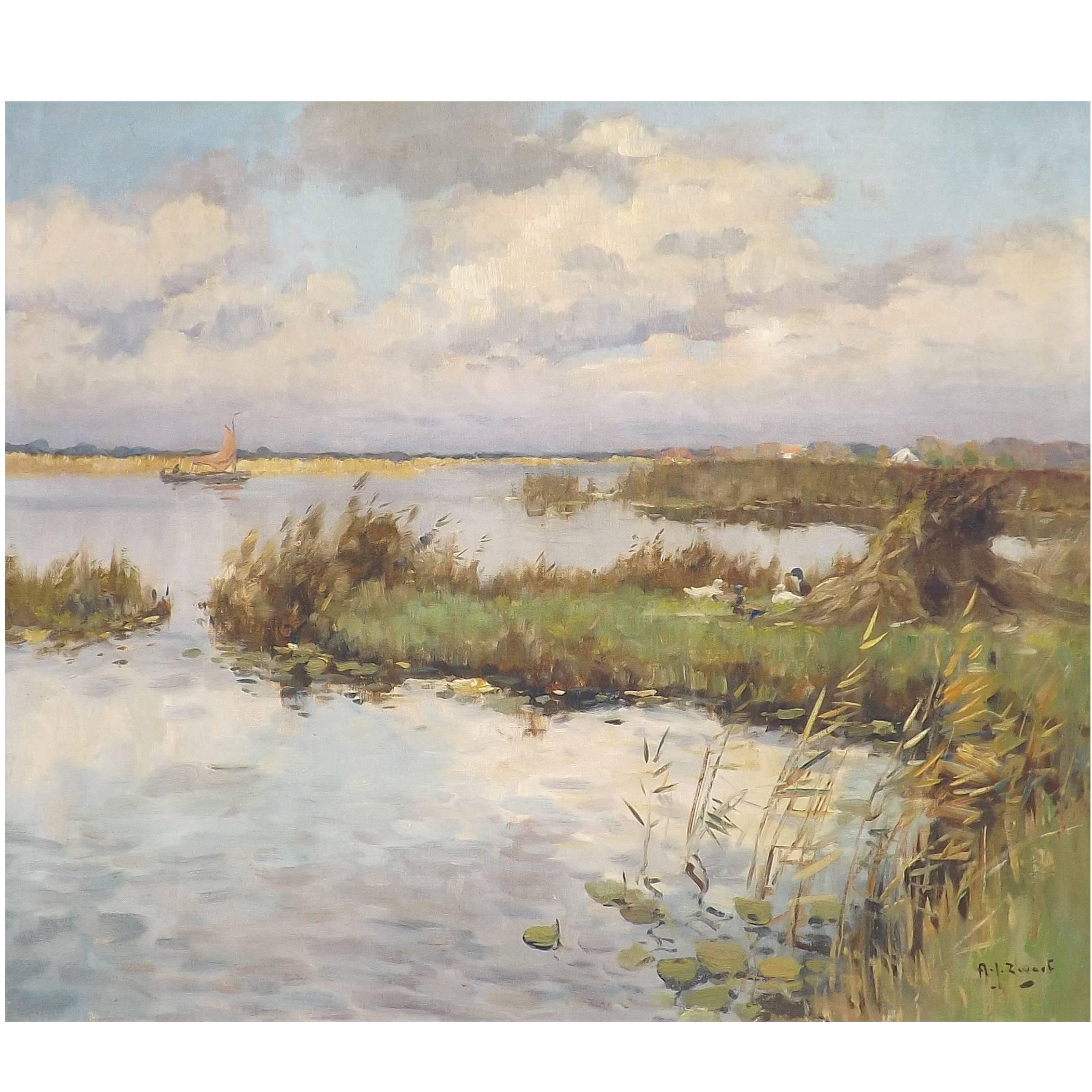 'On the Lake', Original Oil Painting by Dutch Artist Arie Zwart