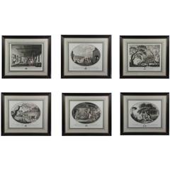 Antique Set of Six Georgian Framed Engravings of Irish Linen Fabrication