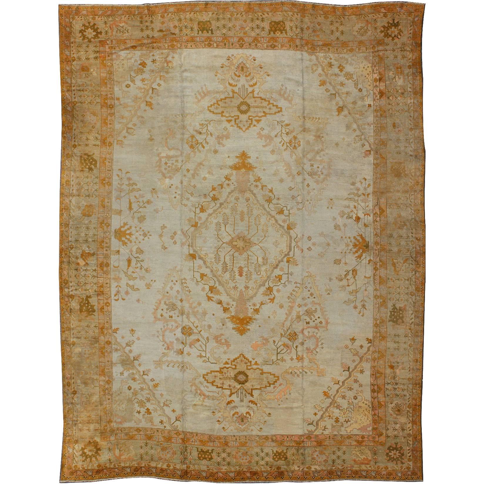 Very Large Antique Turkish Oushak Carpet in Cream, Gold, Green, Orange and Ivory For Sale