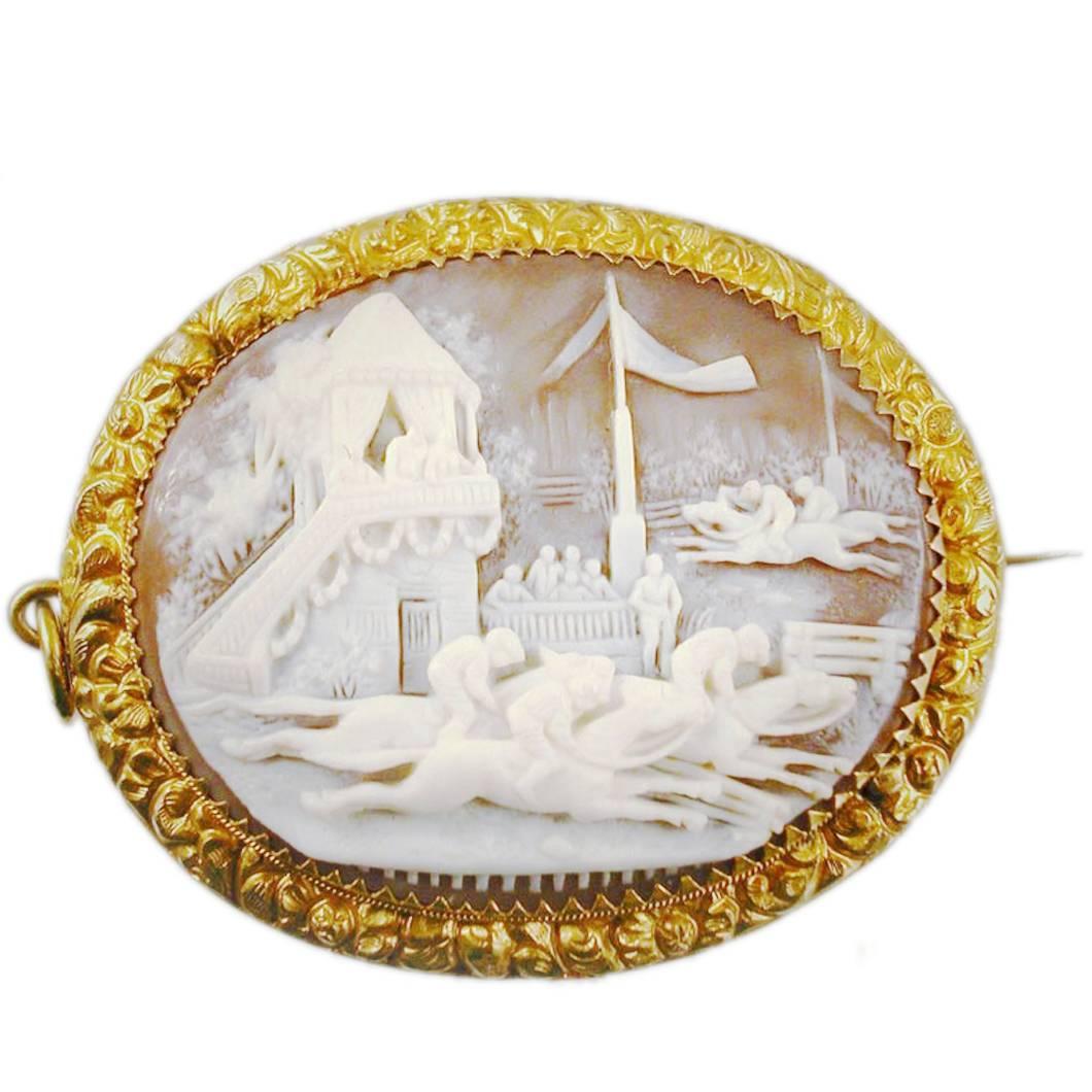 Sardonyx Cameo of French Flat Racing Scene, in Gold Foliate Setting For Sale