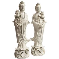 Early 20th C. Chinese Pair of Blanc de Chine Figures of Guan Yin