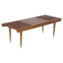 Expandable Slatted Mid-Century Modern Wood Bench