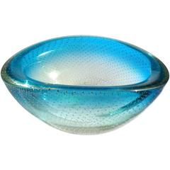 Seguso Vetri d'Arte Murano Sommerso Blaue Blasen Gold Italienische Kunstglasschale