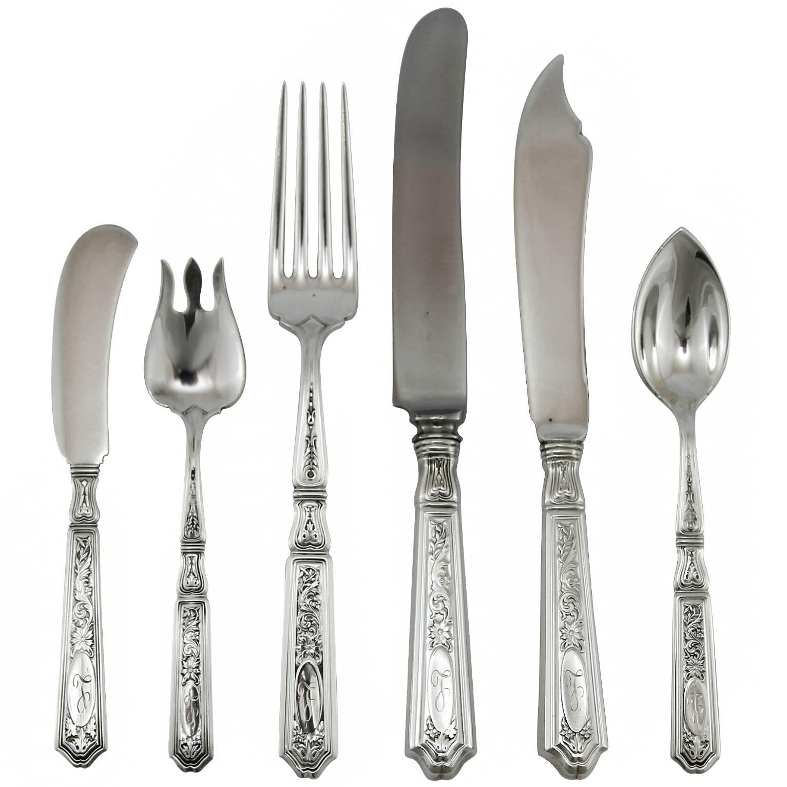 20th Century 'St Dunstan Chased' Sterling Silver Flatware Set by Gorham For Sale