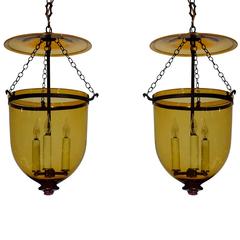 Antique Pair of Late 19th Century Anglo-Indian Amber Glass Hall Lanterns