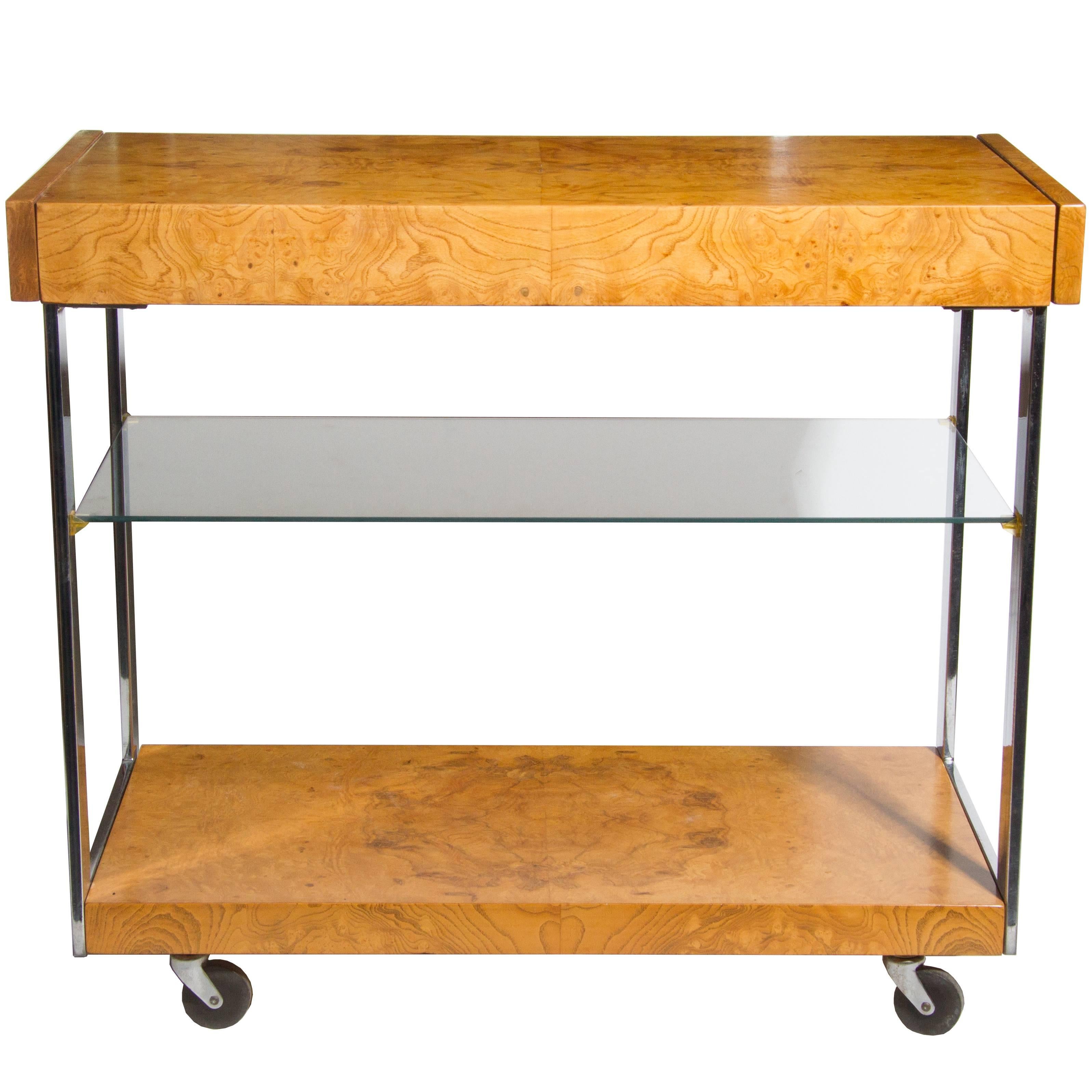 Milo Baughman Burled Olive Wood Serving Cart