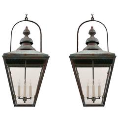 Pair of Large Patinated, Square Copper Lanterns, England, circa 1940