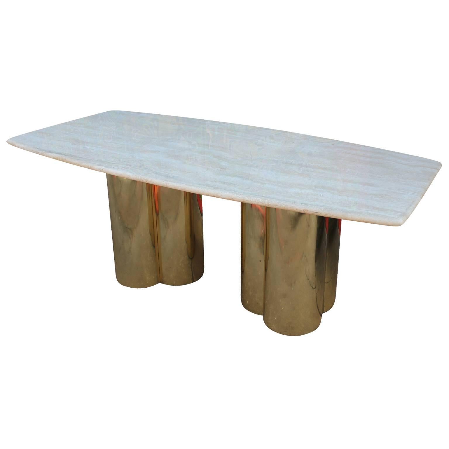 Glamorous Brass Pedestal and Travertine Dining Table