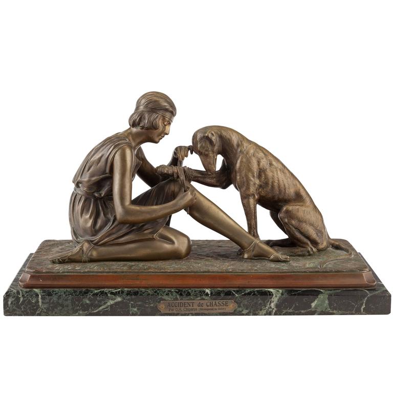 Dimetri Chiparus Bronze "Accident De Chasse" Woman and Dog, circa 1925 at  1stDibs