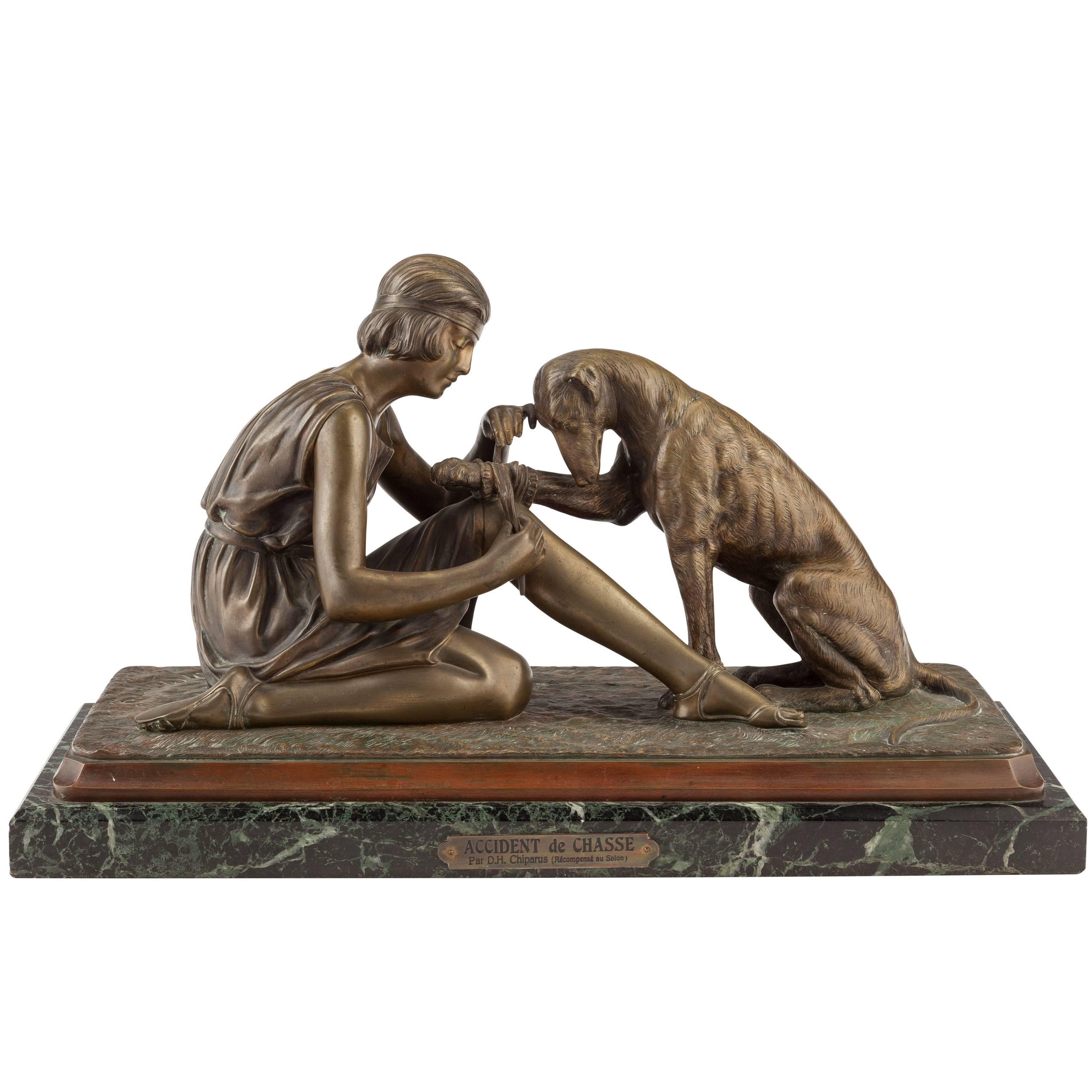 Dimetri Chiparus Bronze "Accident De Chasse" Woman and Dog, circa 1925