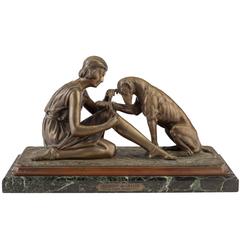 Dimetri Chiparus Bronze "Accident De Chasse" Frau und Hund:: um 1925