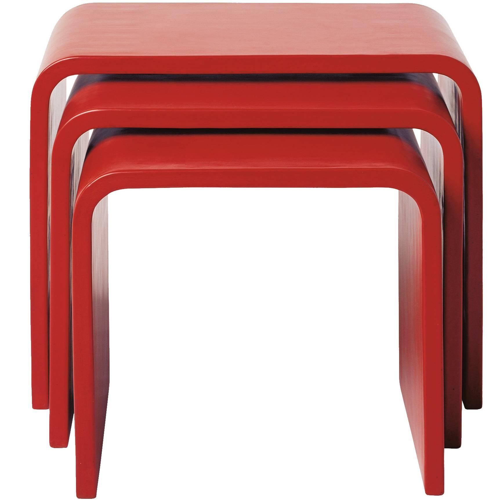 Set of Waterfall Red Lacquer Nesting Table by Robert Kuo, Limited Edition