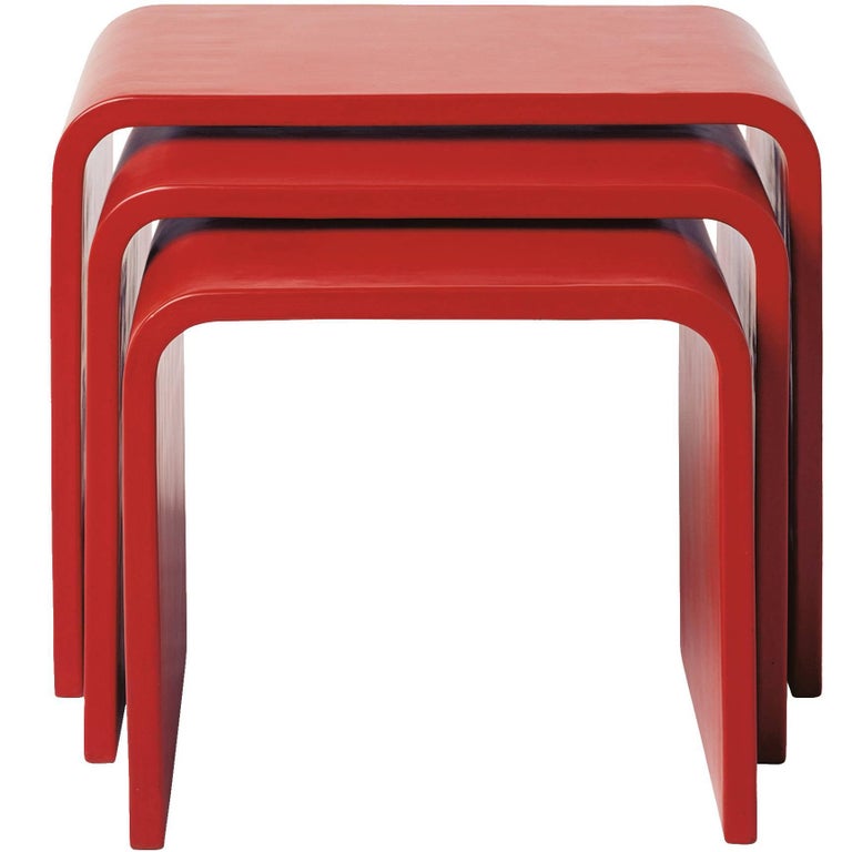 Set of Waterfall Red Lacquer Nesting Table by Robert Kuo, Limited Edition For Sale