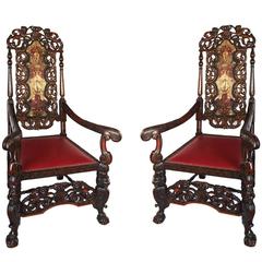 Pair of Exquisite Antique French High Back Walnut Chairs