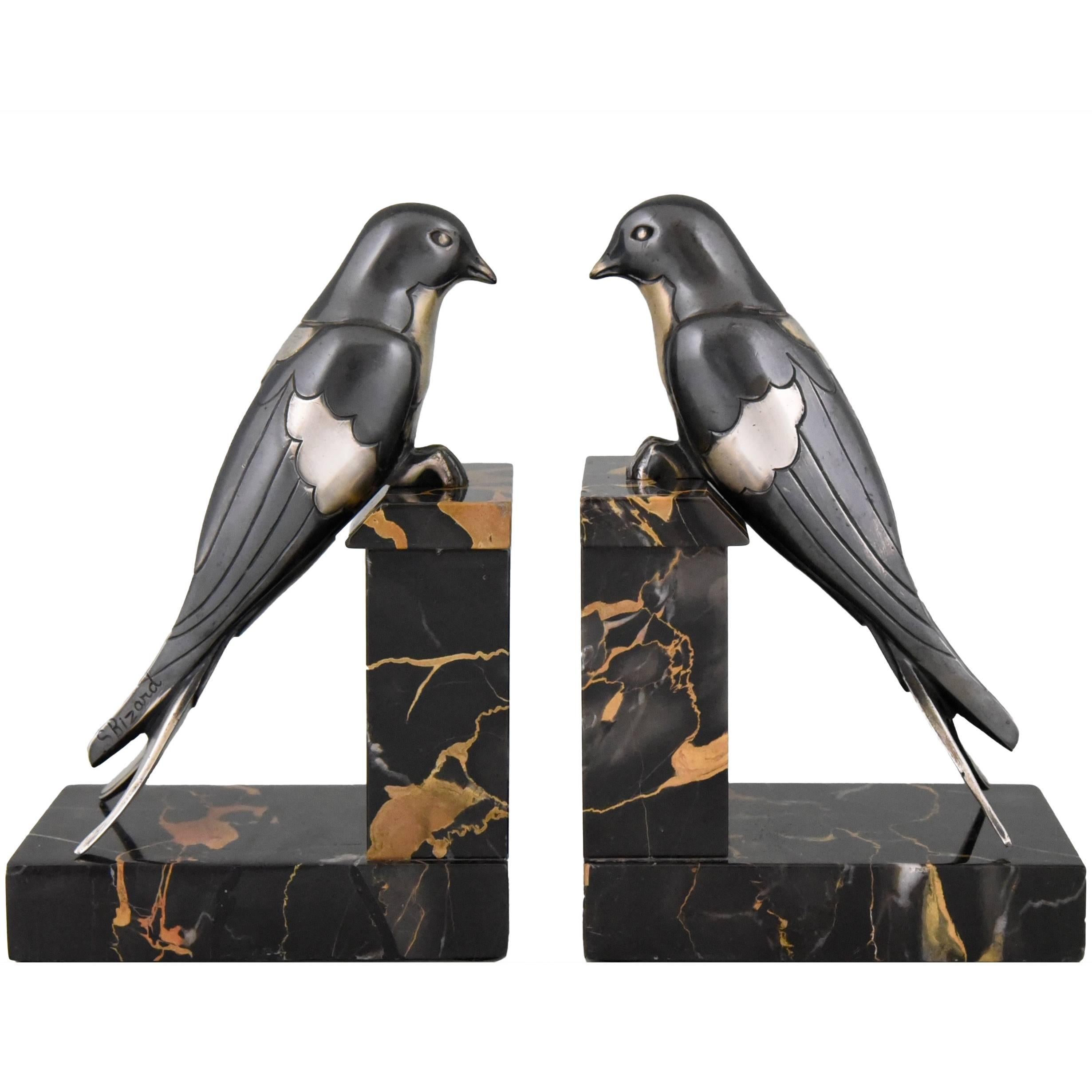 French Art Deco Bronze Swallow Bird Bookends by S. Bizard, 1930