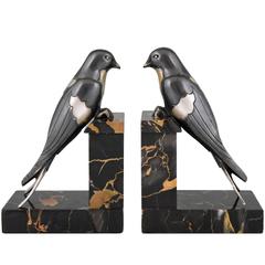 Vintage French Art Deco Bronze Swallow Bird Bookends by S. Bizard, 1930