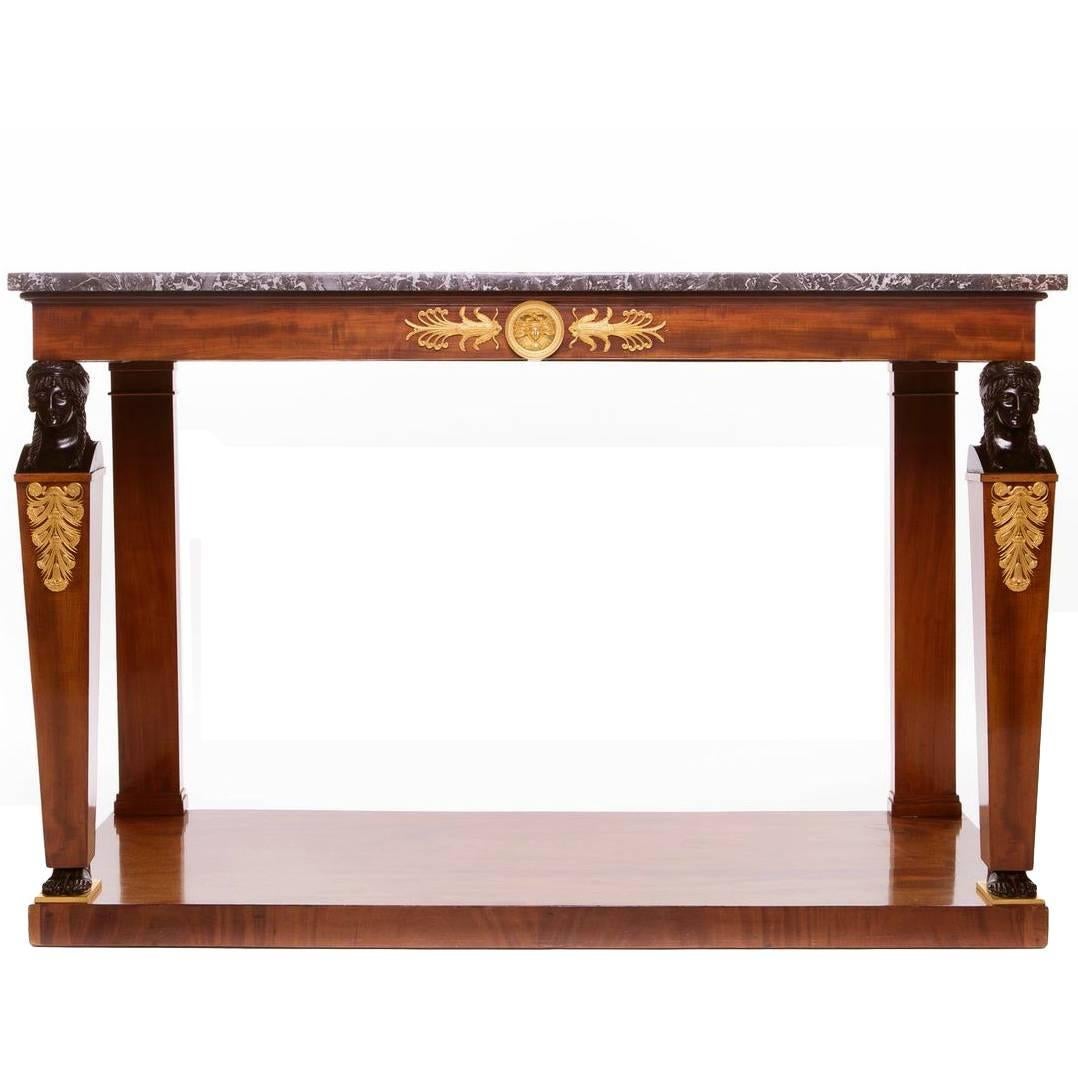 Fine Empire Mahogany and Gilt Bronze Mounted Console with a Black Marble Top For Sale