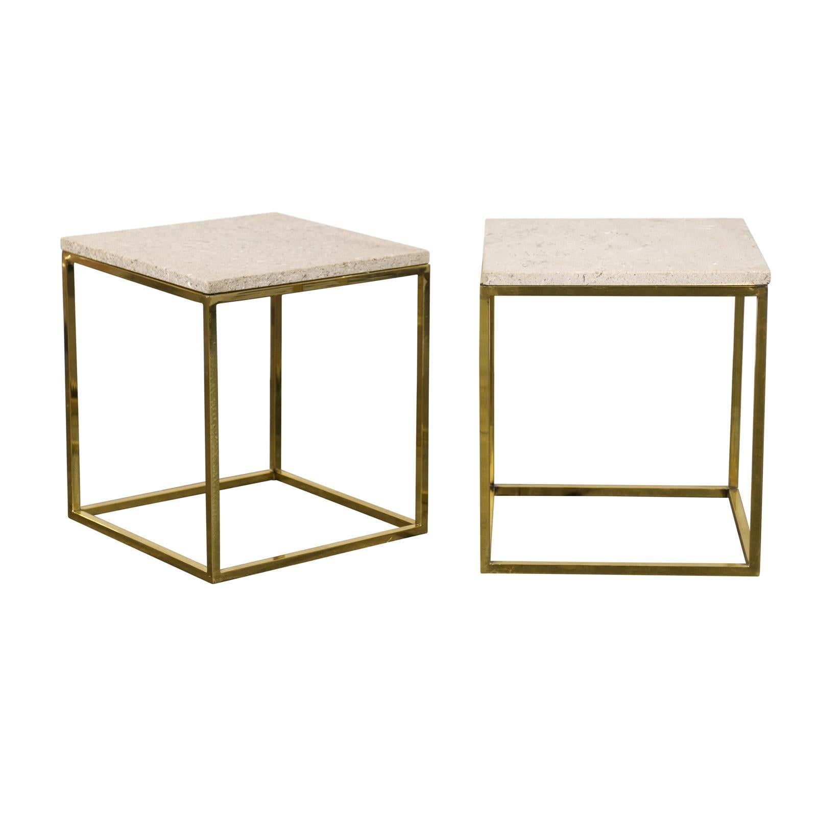 Pair of Travertine Top Brass Side Tables in the Style of Paul McCobb, 1950s