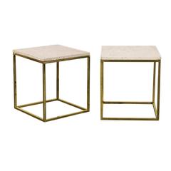 Pair of Travertine Top Brass Side Tables in the Style of Paul McCobb, 1950s