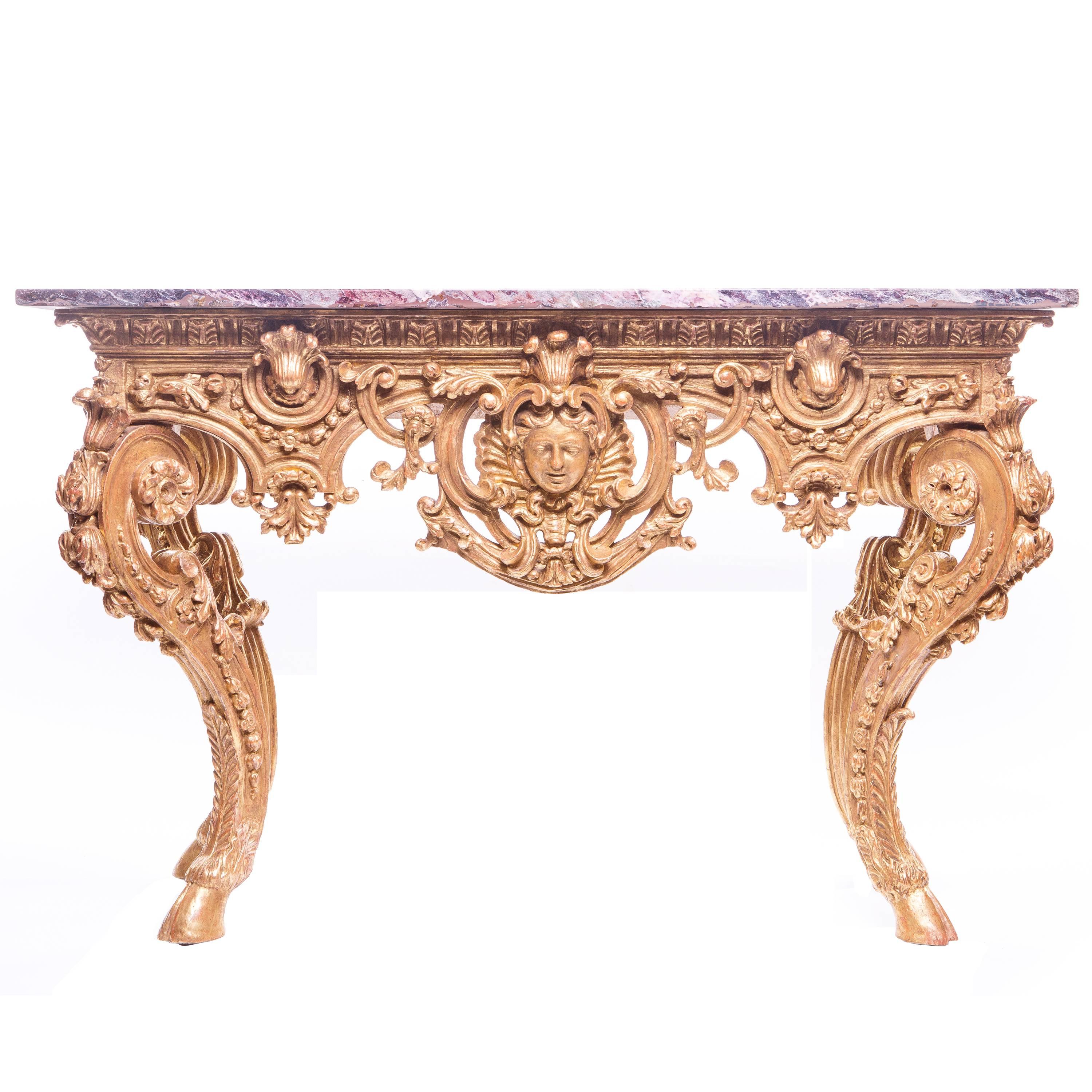 Continental Baroque Style Giltwood Console with a Marble Top For Sale