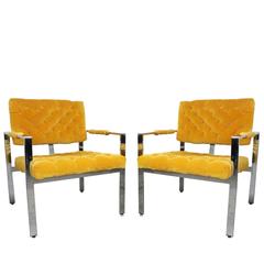 Pair of Milo Baughman Chrome Cube Armchairs
