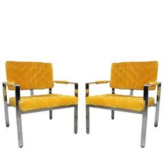 Pair of Milo Baughman Chrome Cube Armchairs