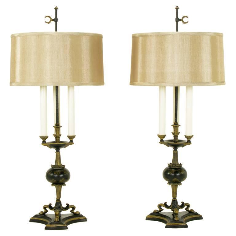 Elegant Pair of Empire Table Lamps in Black Lacquer and Gold Leaf For