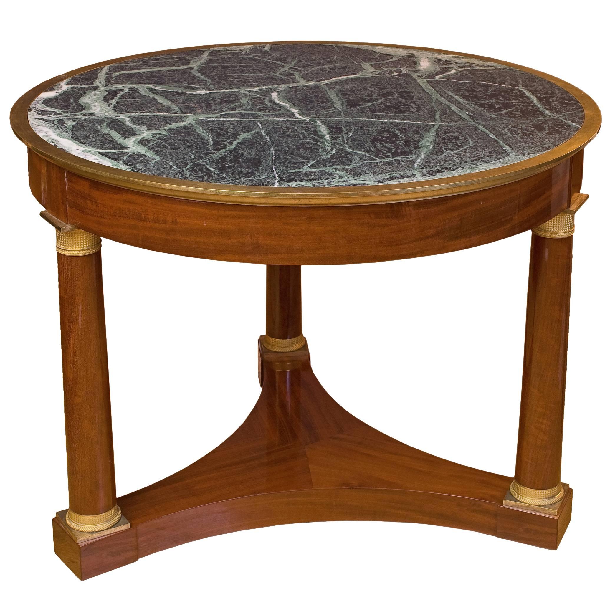 Empire French Center Table in Mahogany with Ormolu and Topped with Tinos Marble For Sale