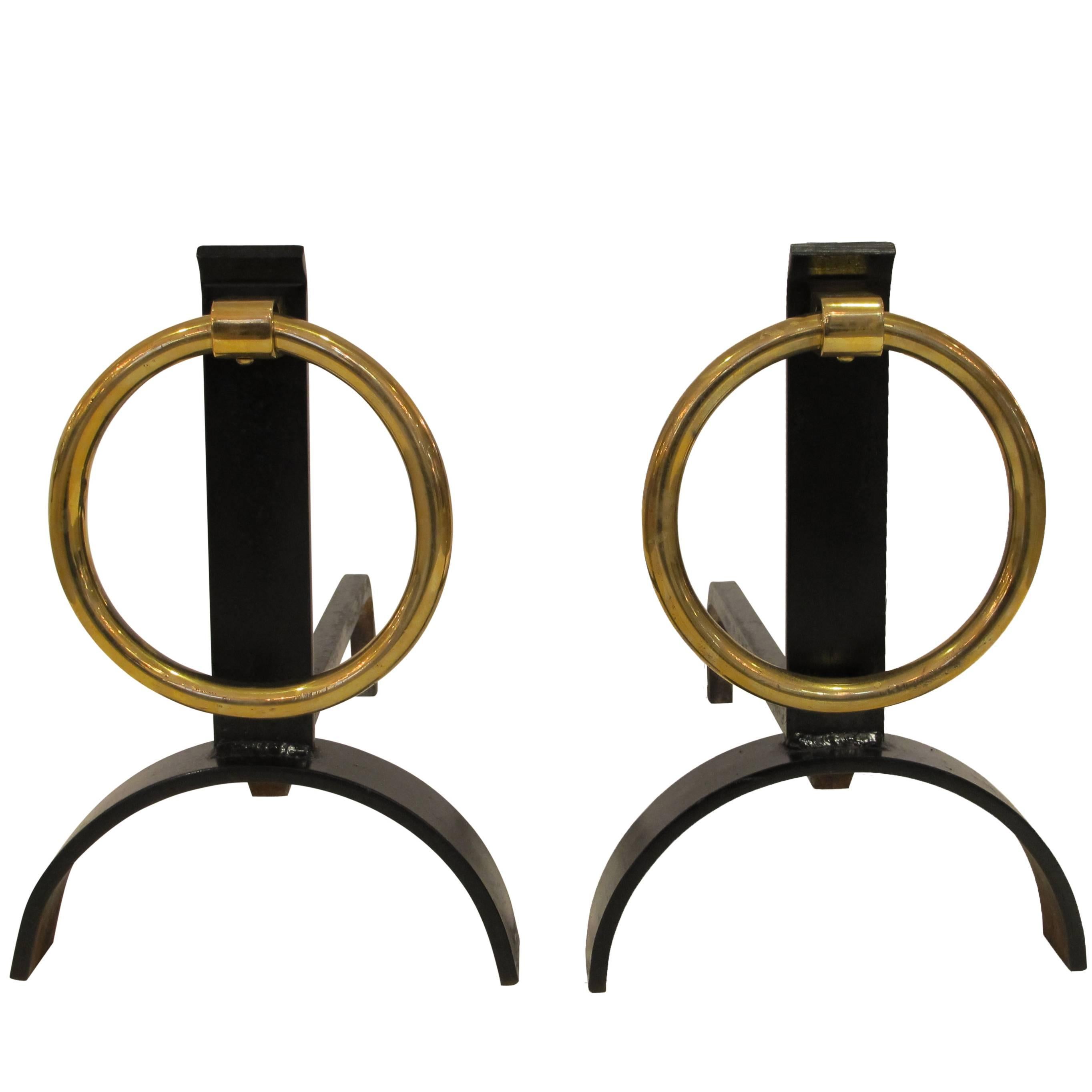 Pair Modernist Brass Ring Andirons