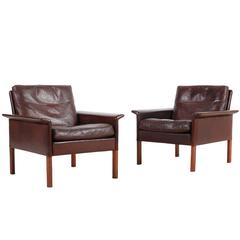 Hans Olsen Pair of Danish Chairs in Brown Leather for C / S Møbler, 1960s