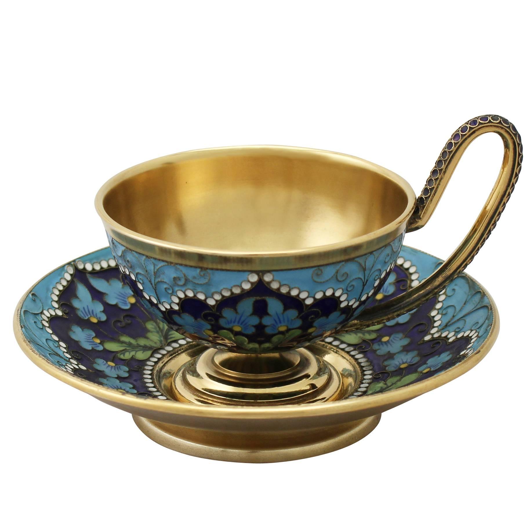 Russian Silver Gilt and Polychrome Cloisonné Enamel Cup and Saucer