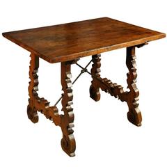 Antique Spanish 18th Century Side Table in Walnut and Iron