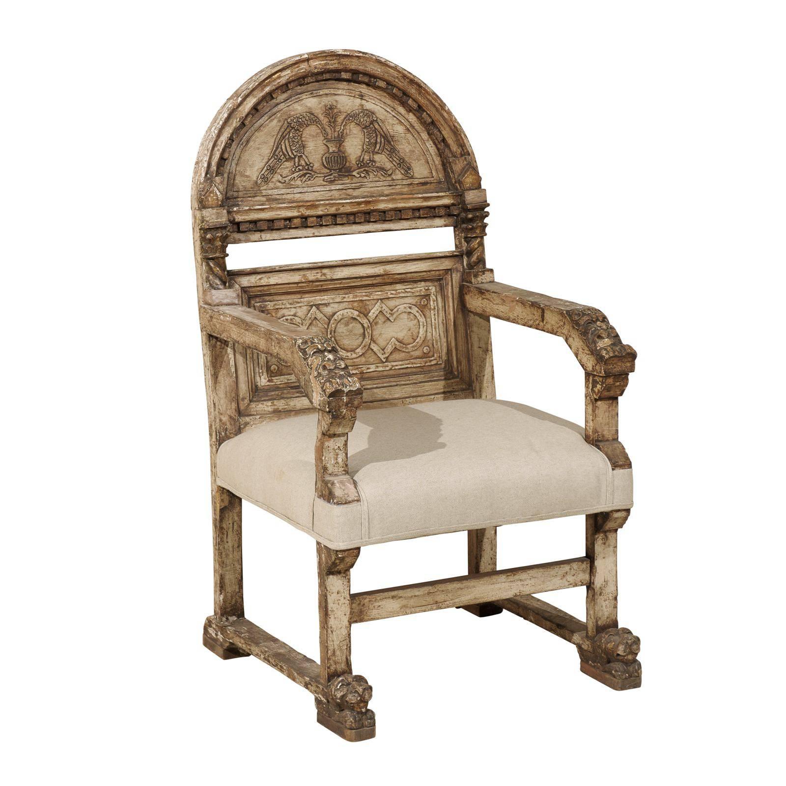 A Stately Italian Richly-Carved Wooden Chair with Elegant Aging, Early 19th C. 