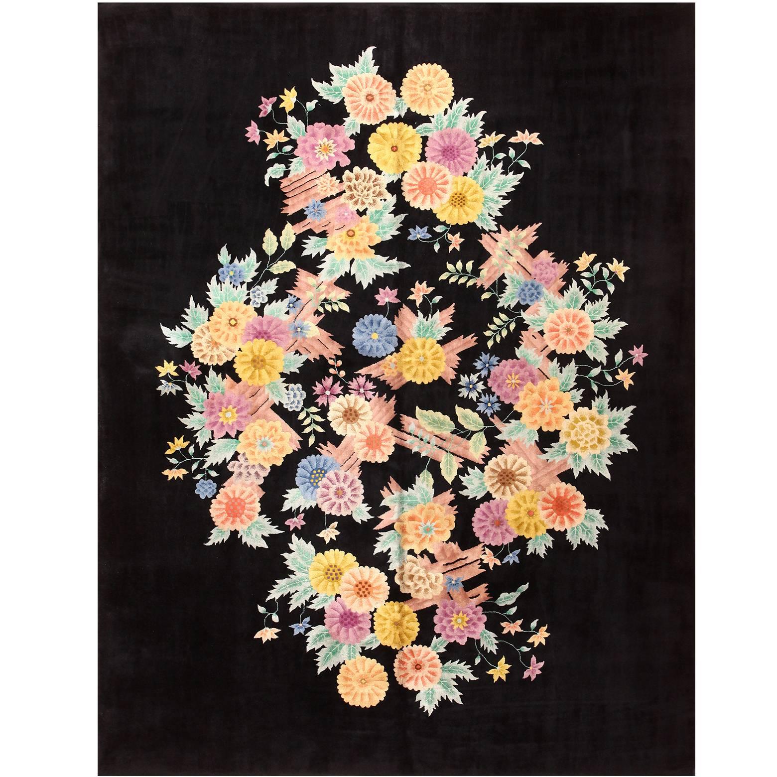 Black Floral Art Deco Chinese Rug