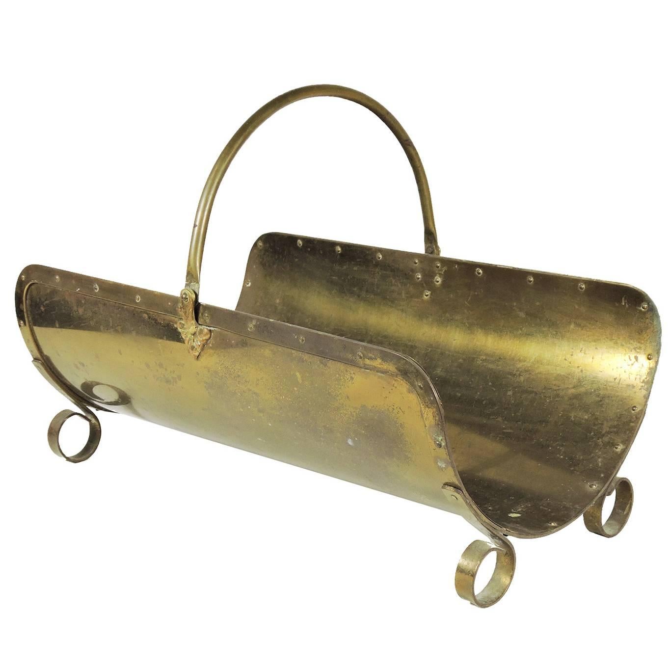 Arts & Crafts Period Brass Scroll Foot Log Carrier For Sale