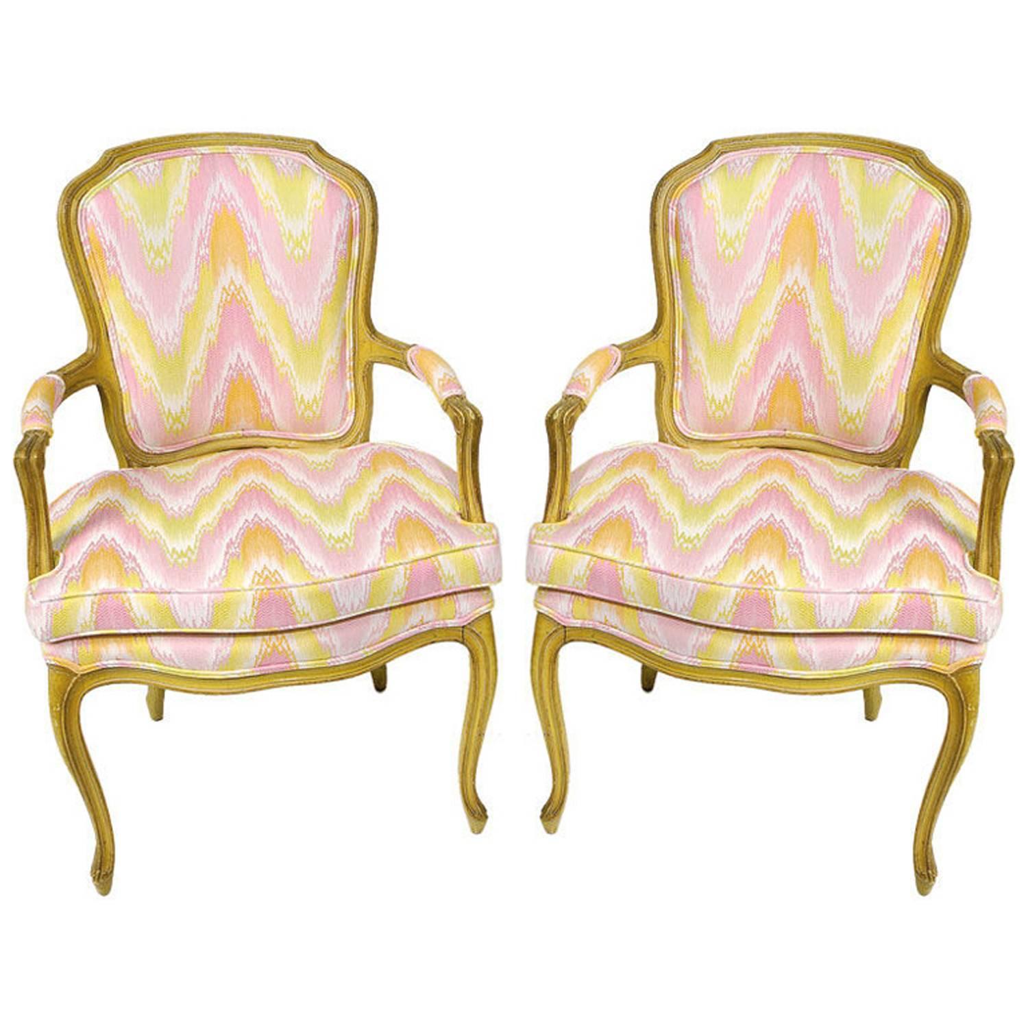 Pair of 1940s Louis XV Style Fauteuils in Colorful New Flamestitch Upholstery