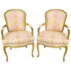 Pair of 1940s Louis XV Style Fauteuils in Colorful New Flamestitch Upholstery