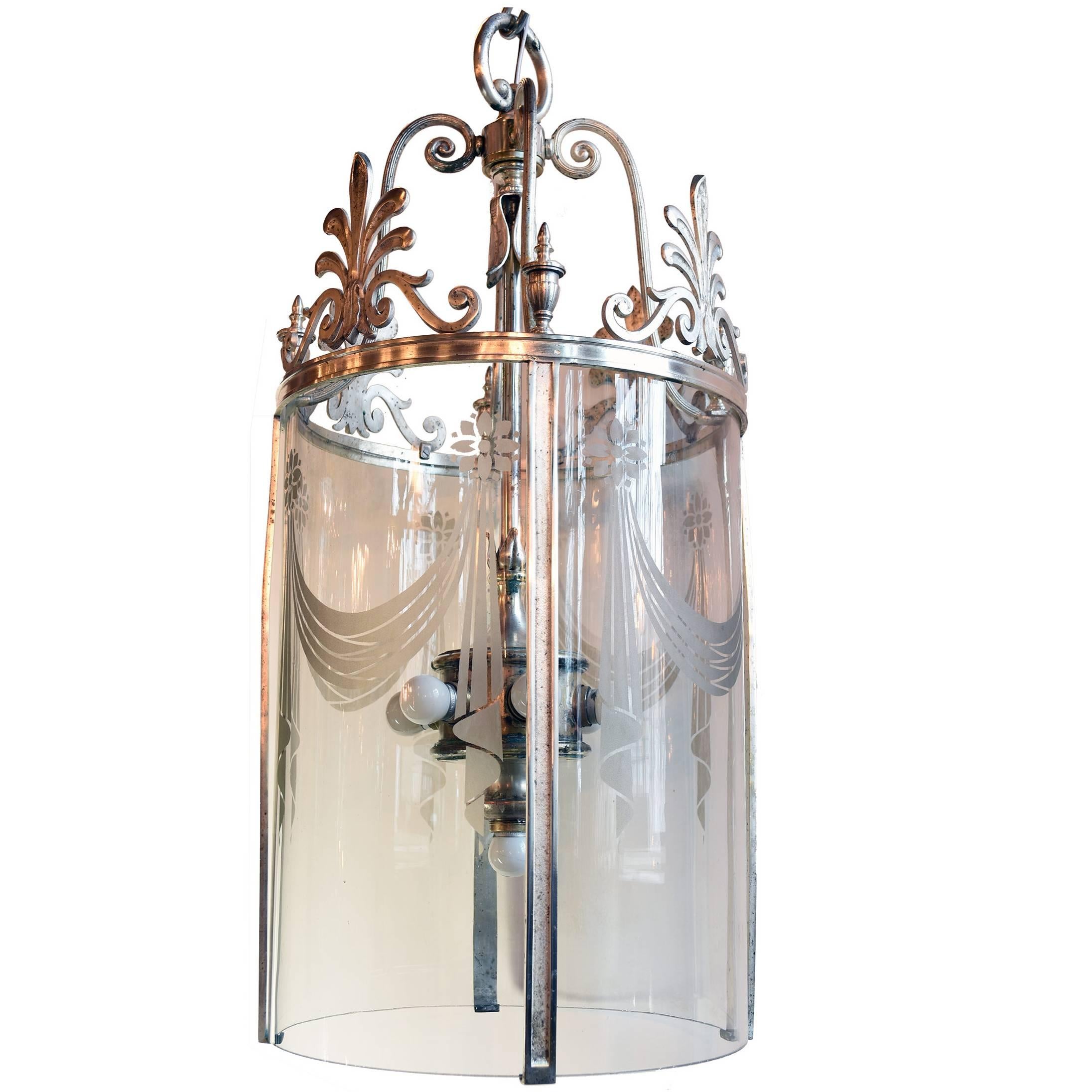 1920's Silver Plated Pendant Tube Light with Etched Glass