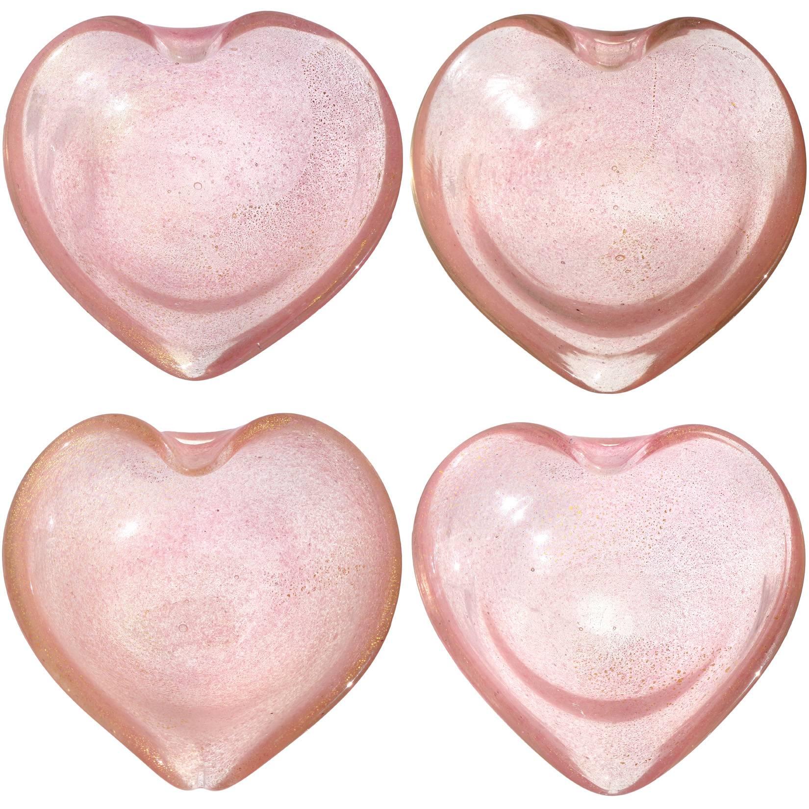 Murano Pink Gold Flecks Italian Art Glass Heart Shaped Bowls, Set of Four