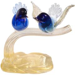 Barbini Murano Blue Sommerso Gold Flecks Italian Art Glass Love Birds Sculpture