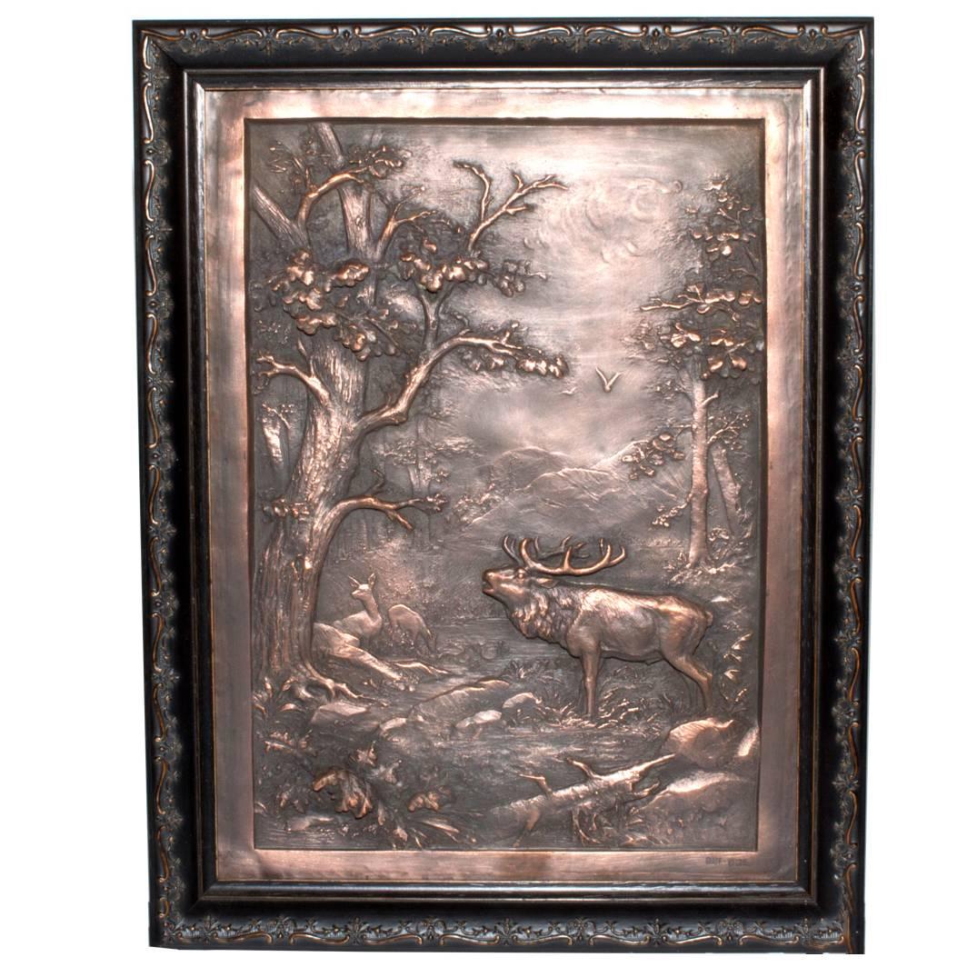 German Copper Bas Relief "the King's Stag in Roar"