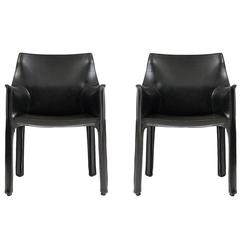 Pair of Black Leather Cab Armchairs by Mario Bellini for Cassina