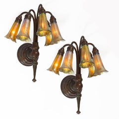 Tiffany Studios New York Pair of "Five Light Lily" Favrile Wall Sconces 