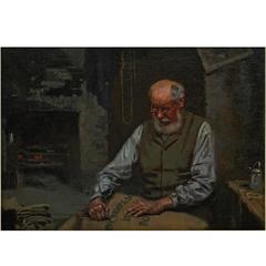 Antique 'The Old Sack Mender' Oil on Panel, Labeled Verso