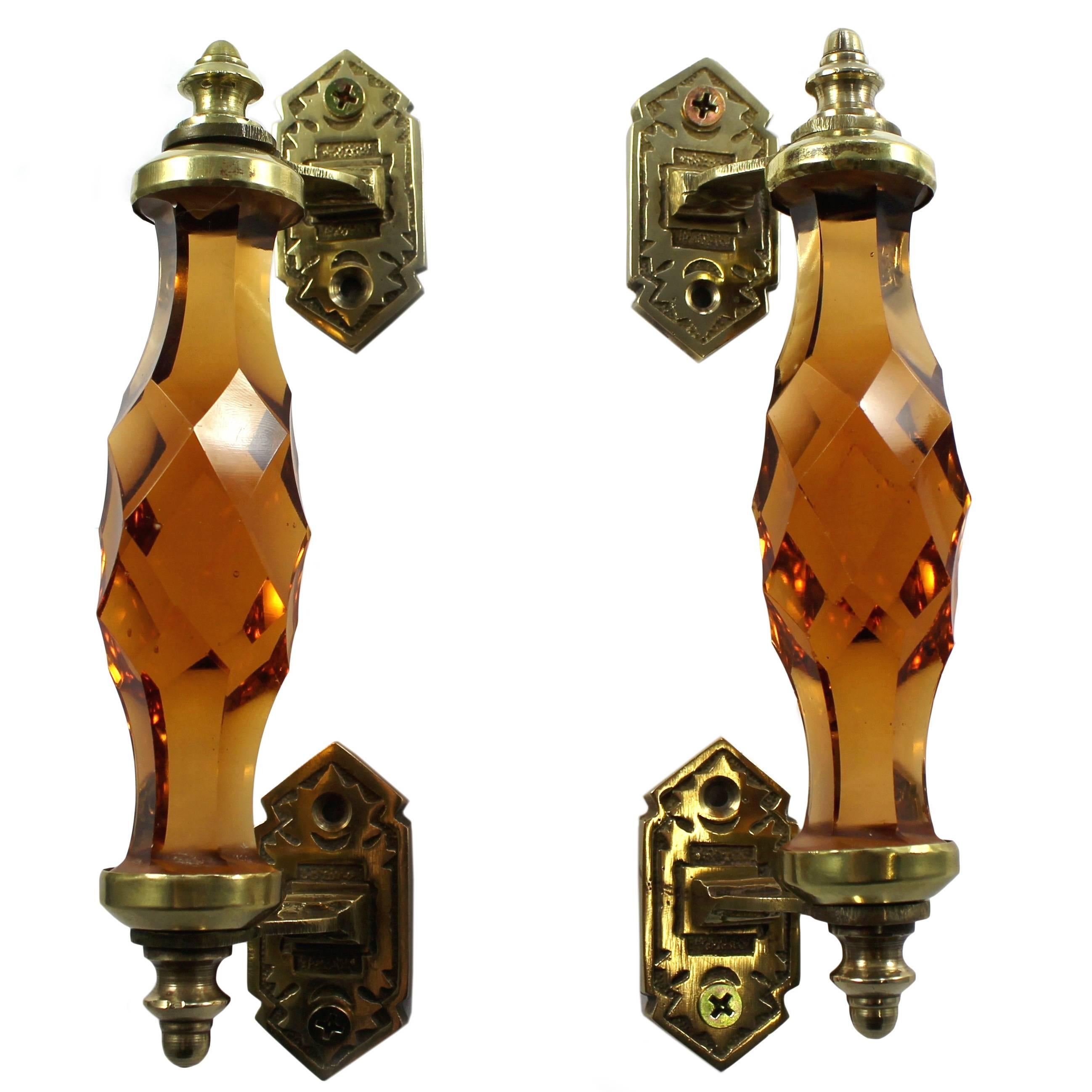 Pair of Amber Cut-Glass Brass Door Handles