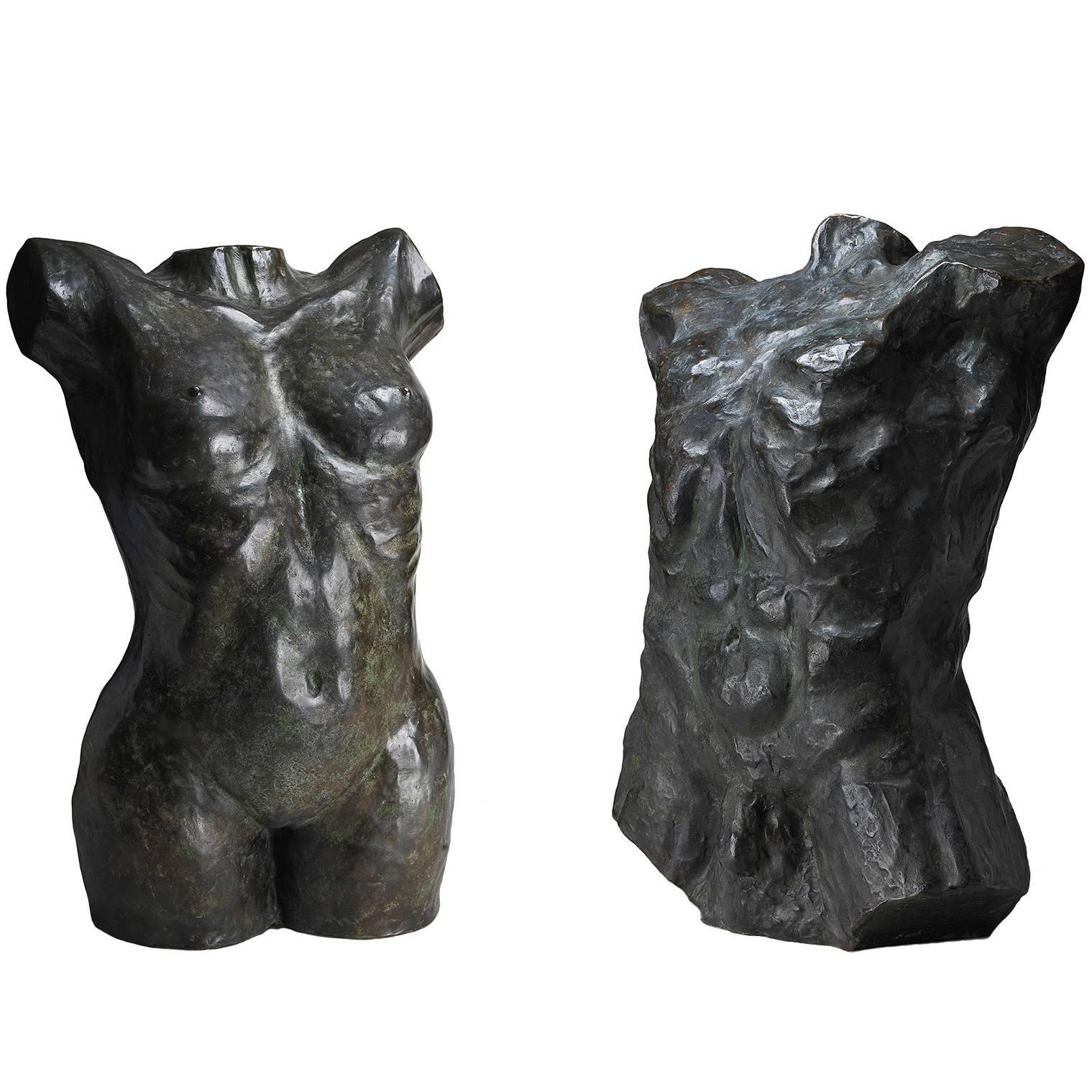 Two Bronze Sculptures "Female and Male Nude" by Hubert Yencesse For Sale